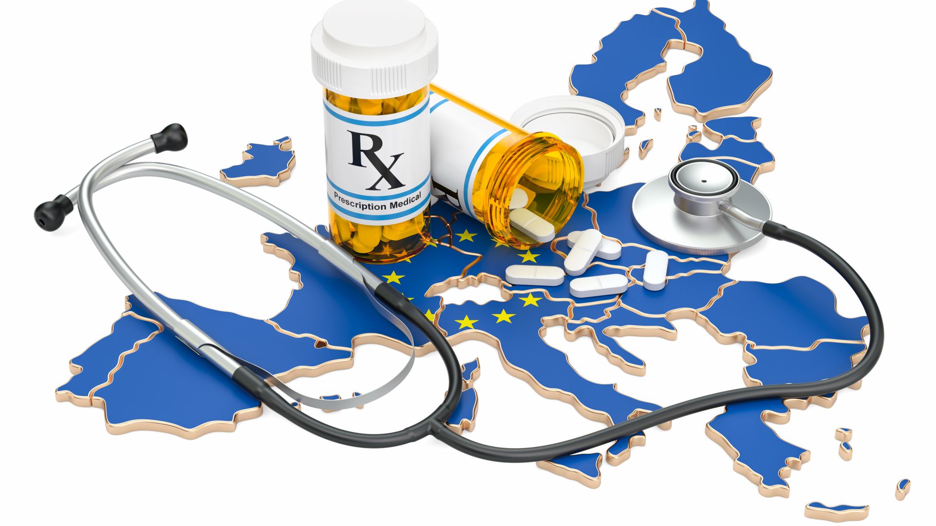 EU map and pills and stethoscope on it
