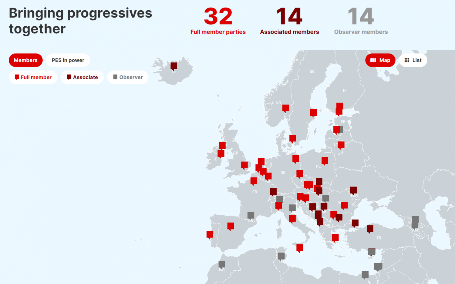 una mappa dei membri del PSE