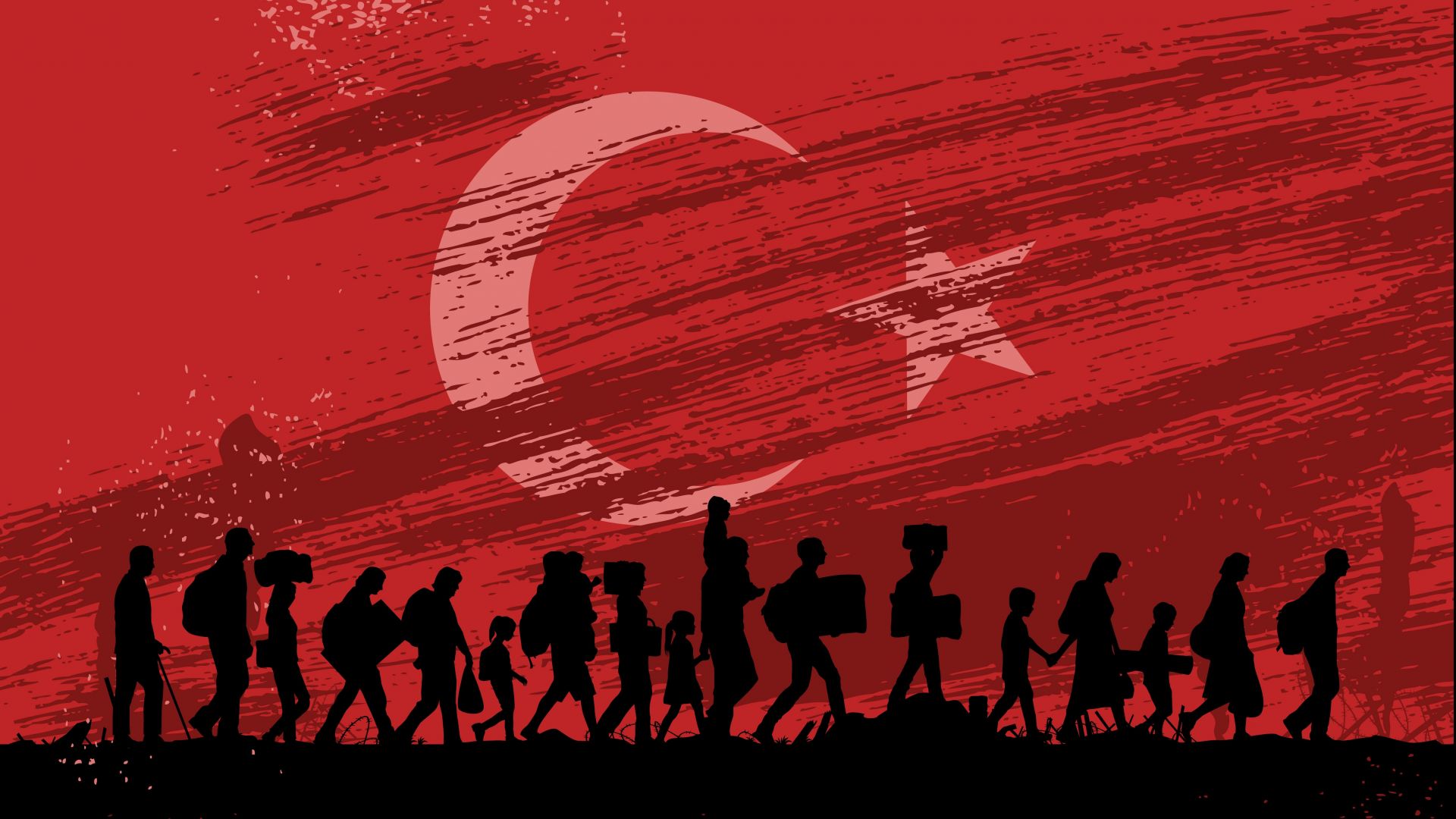 Refugees on Turkish-EU border turkey flag background