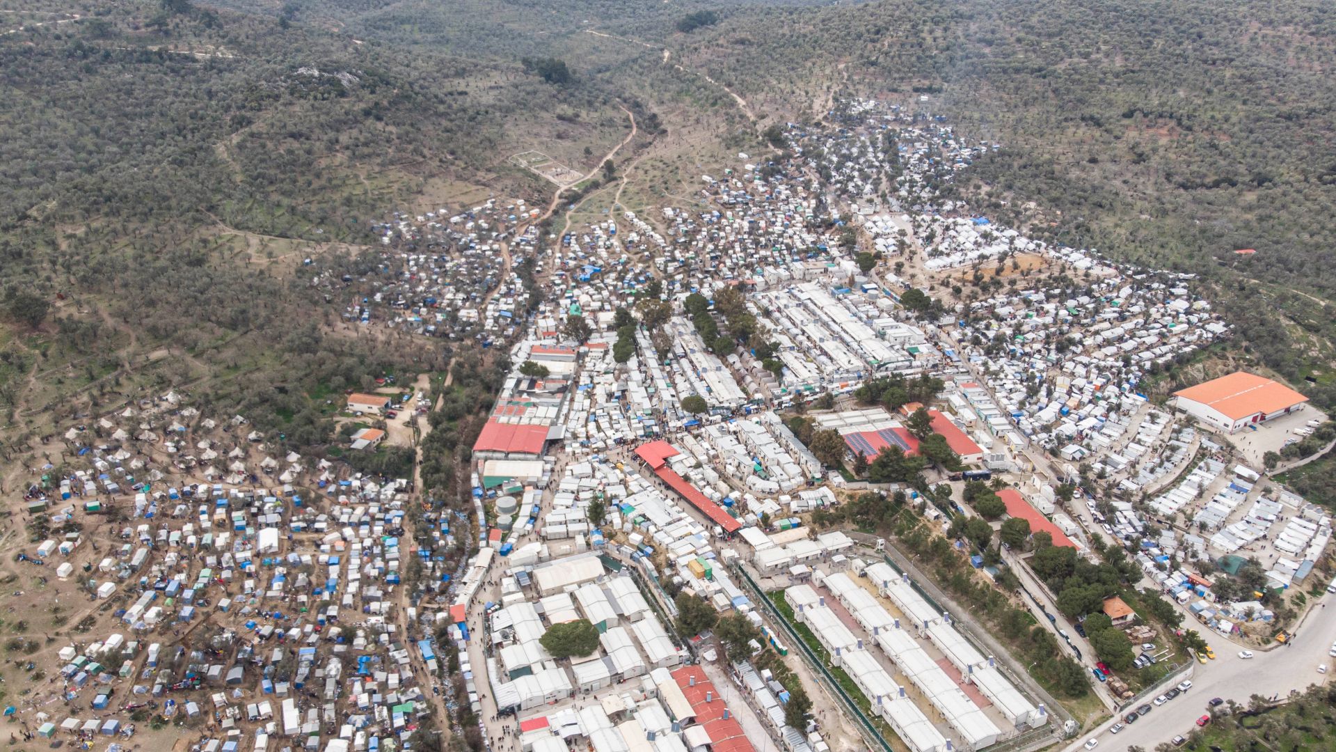 Aerial view of the Moria refugee camp on Lesvos before the fire of September 2020