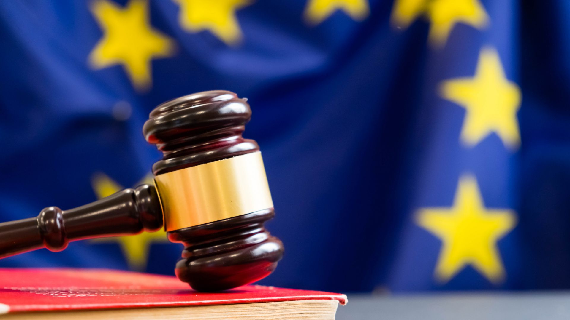 A gavel resting on a legal text in front of an EU flag