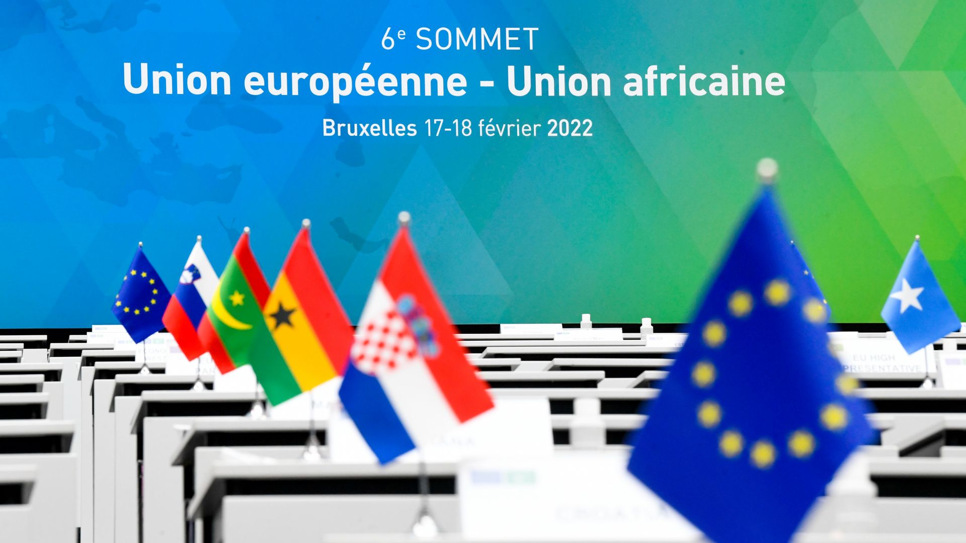 Plenary room with flags for the EU-Africa summit February 2022