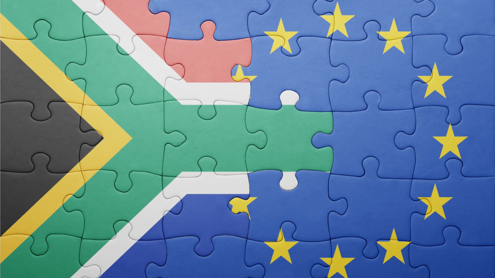 Puzzle with pieces that make up the South African and EU flags