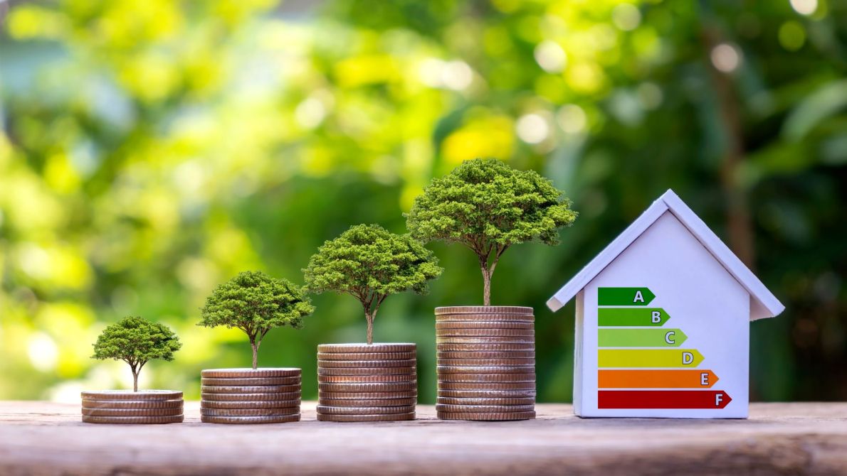 Image of coins, trees, and house with energy rating