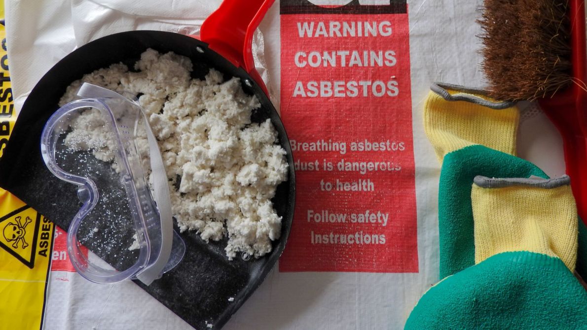 asbestos warning goggles dustpan brush