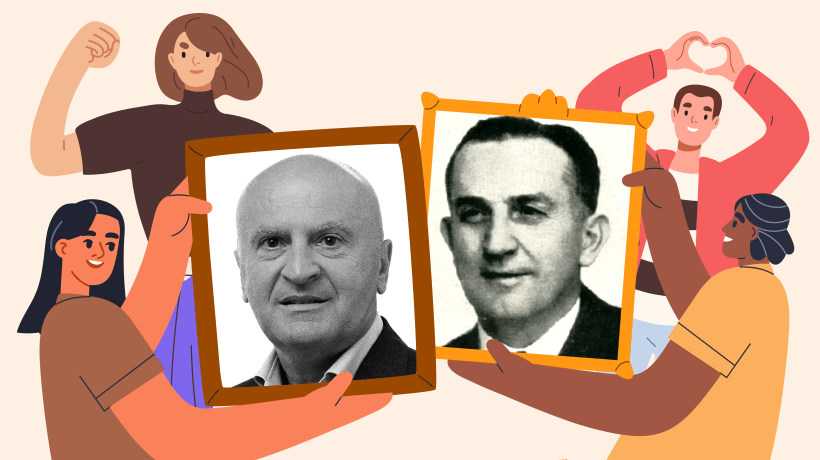 Unga människor håller i en fotoram med Vals och Matic