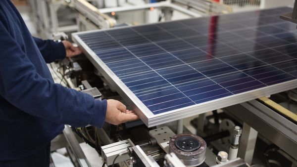 Man preparing solar panels on a production line