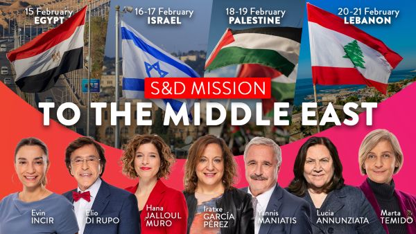 S&D MEPs standing next to each other in front of Middle East country flags