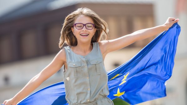 happy girl EU flag