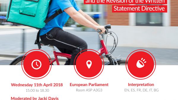 Decent work for all - S&Ds call for ban of zero-hour contracts in new rules on working conditions, precarious jobs, Maria João Rodrigues MEP, Agnes Jongerius, Javi Lopez, unpaid internships, Written Statement Directive, Decent working conditions event poster