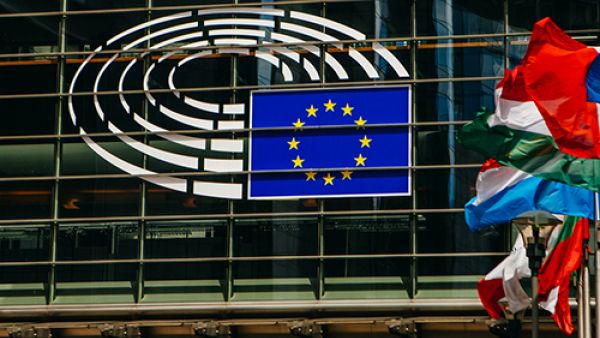 EP logo and EP flags on EP building Brussels