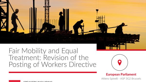Fair mobility and equal treatment: revision of the Posting of Workers Directive E-card announcing the event with image of construction workers