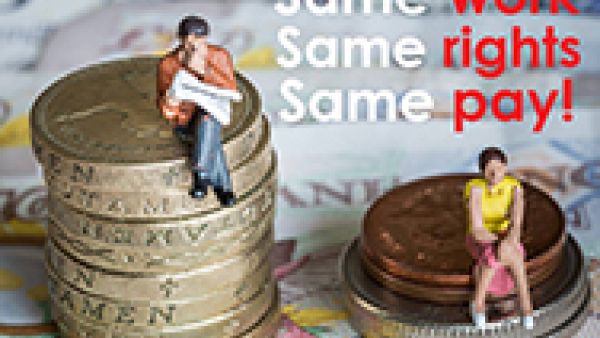same work rights pay women gender equality - man on higher money stack than woman