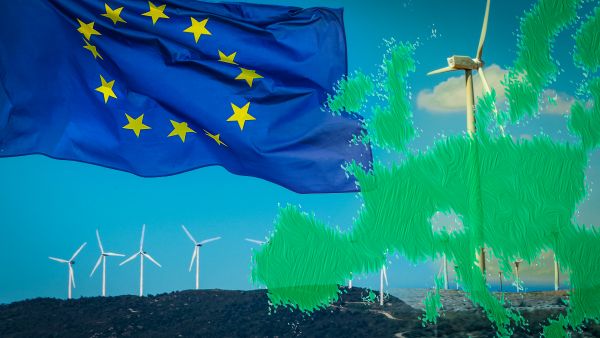 green eu map, eu flag and wind turbine