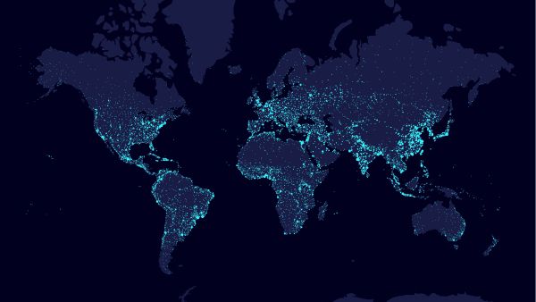 world map with lights showing population