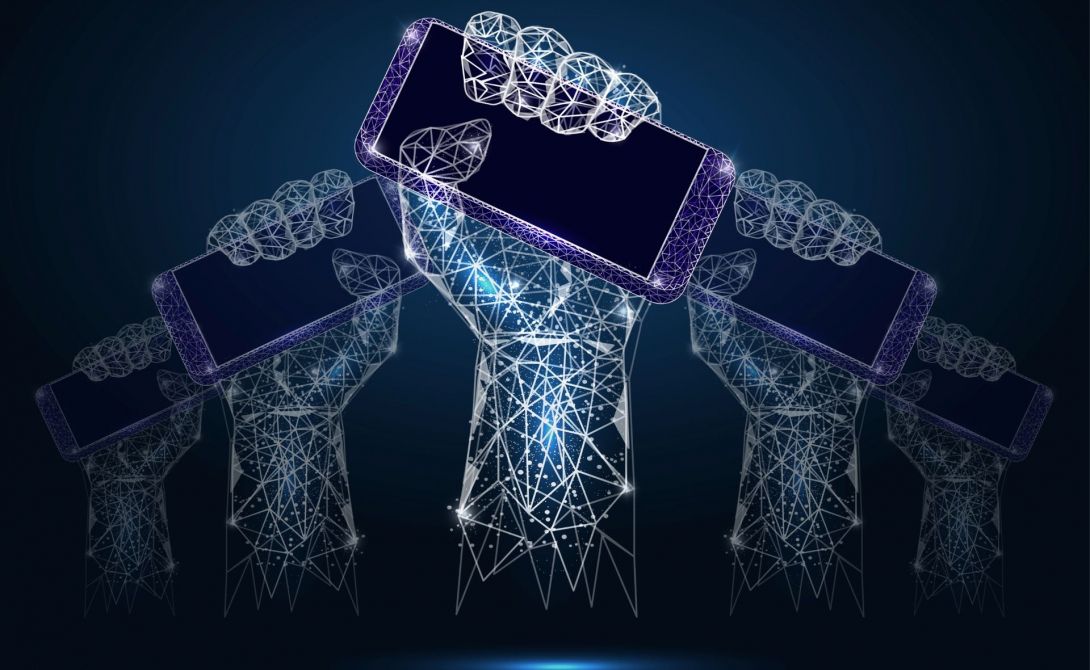 Image of digital hands holding digital phones